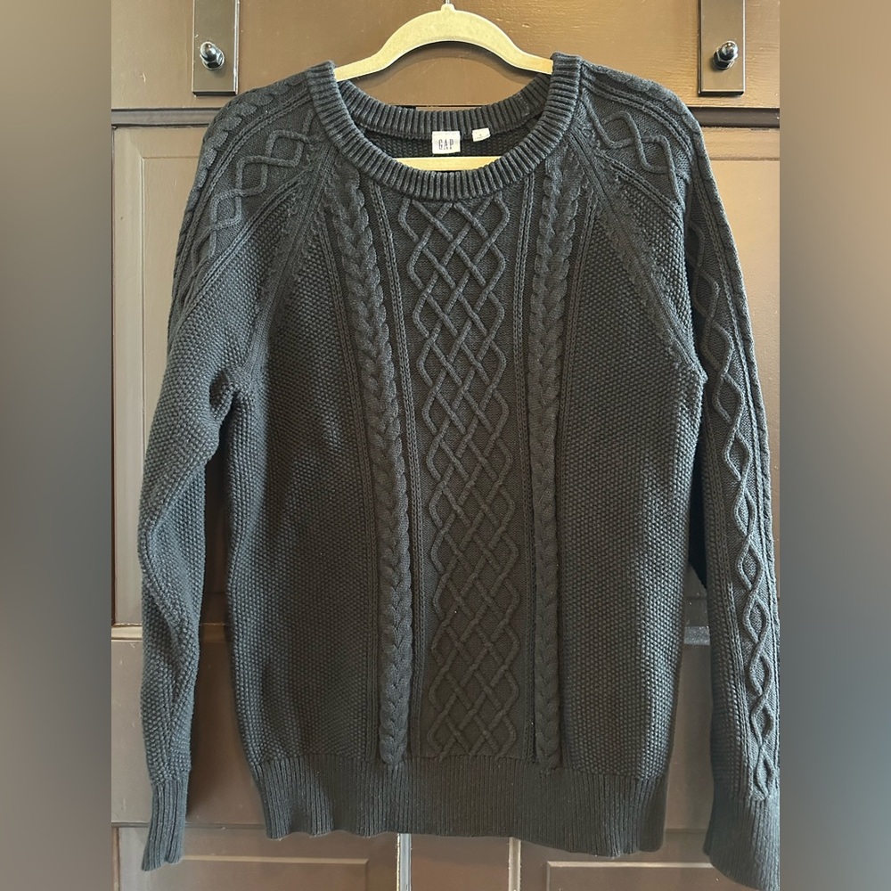 GAP Women’s Large Sweater Round Neck Cable Knit Long Sleeve Black Cotton EUC